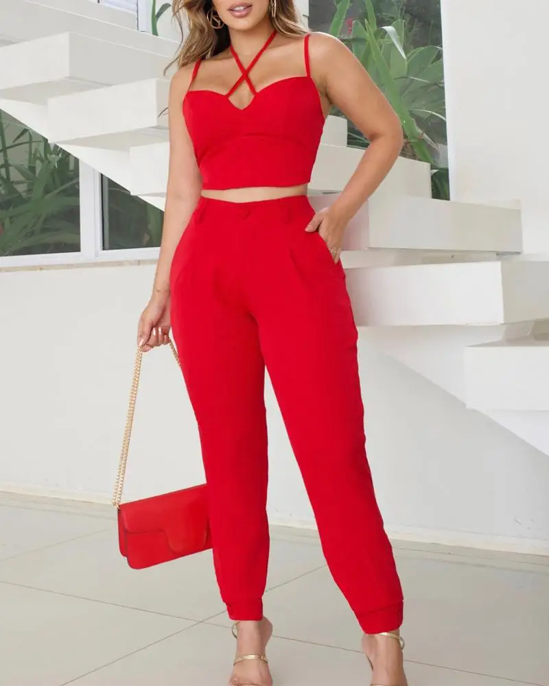 

Crisscross Halter Crop Top & Pants Set Chic Fashion Summer Daily Casual Sleeveless Halter High Style Form-fitting Woman