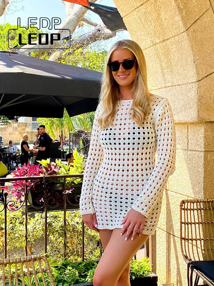 

LEDP Summer Cutout Long Sleeve Open Back Slit Dress Women Y2K Sexy Beach Knit Women's Dress Streetwear Vacation Ladies Vestidos
