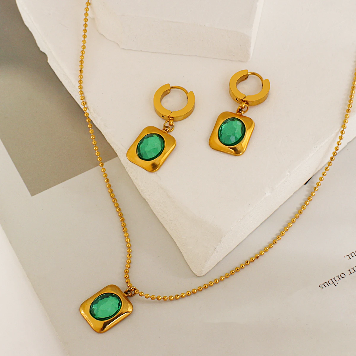

Flashbuy Simple Square Green Stone Set for Women Statement Necklace Earrings Gold Color Stainless Steel Jewelry Set