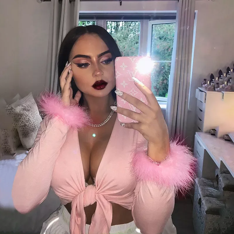 

2021 long sleeve fur V-neck wrapped bandage sexy crop tops autumn winter women streetwear club party outfits T-shirts