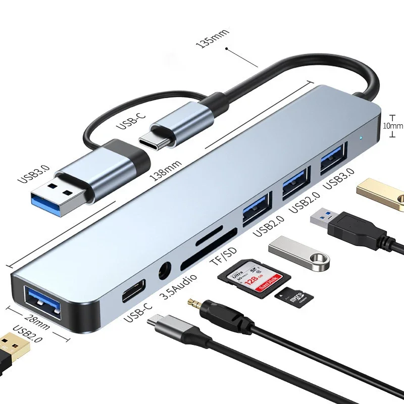 ZLRLMHY 8 в 2 USB + Type C HUB Док-станция с адаптером аудиоразъема 3 5 мм Устройство чтения
