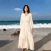 beach style women embroidery romantic cotton dress long sleeve v neck females vintage white maxi dresses vestidos