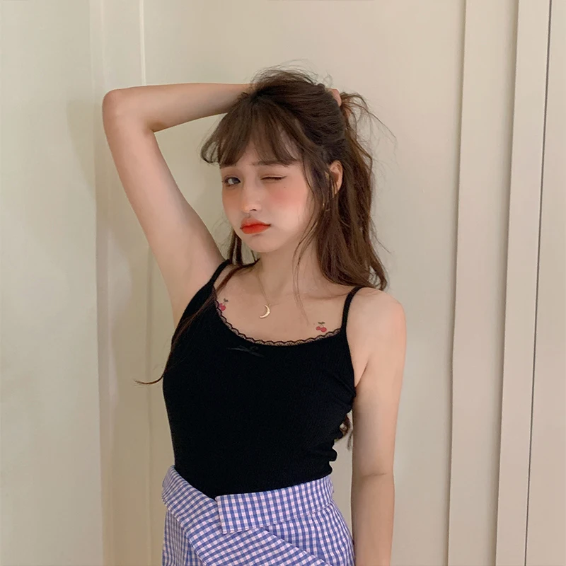 Женский укороченный топ без рукавов однотонный на бретелях-спагетти с бантом и