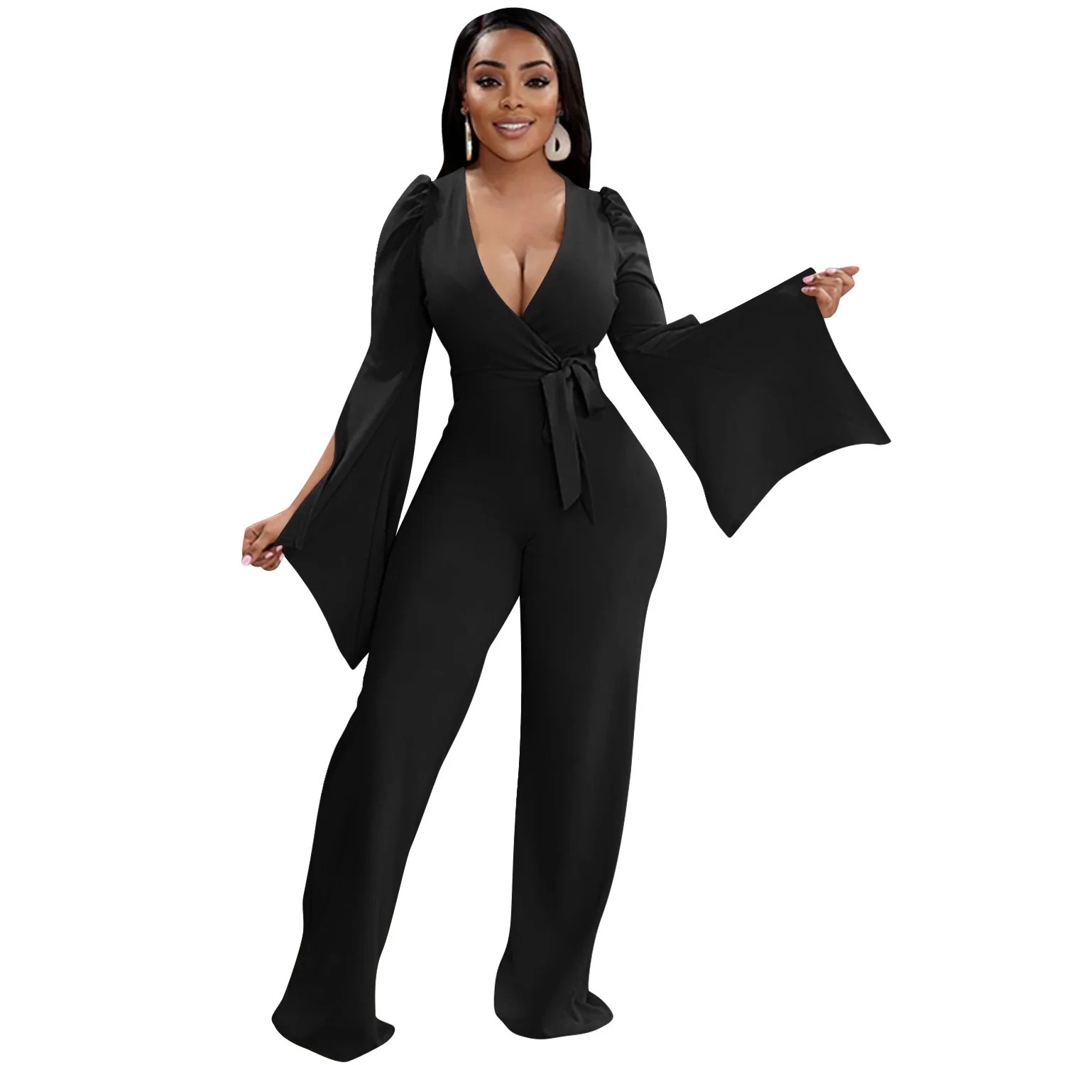 Casaul Women Jumpsuit Deep V-neck Flare Sleeve Solid Color Sportwear Playsuit Long Romper Women Jumpsuit Overalls