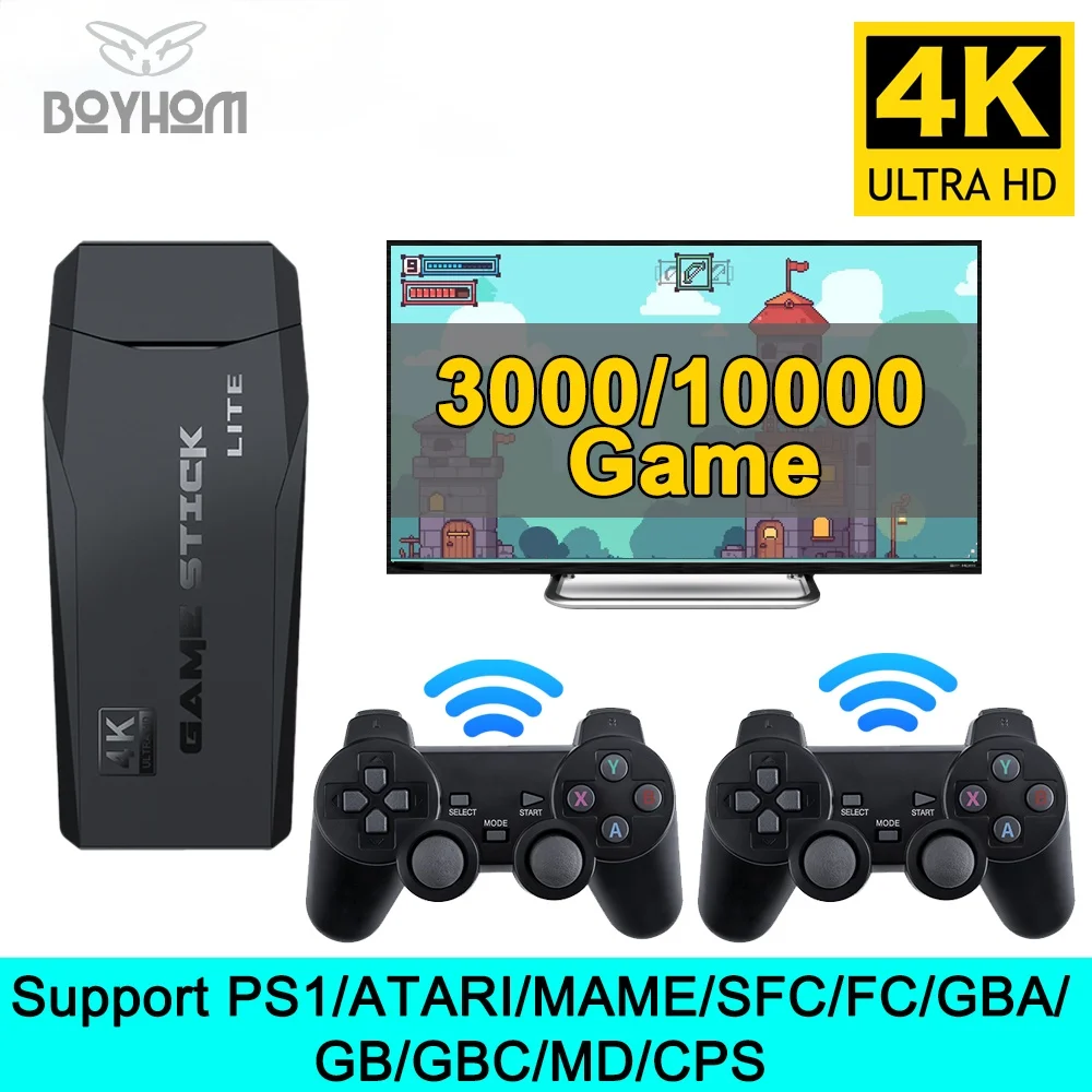 Consola de videojuegos inalámbrica, dispositivo con pantalla 4K HD en TV, Monitor de proyector, clásico, Retro, 64GB, 10000, mando Y3 Game Stick Lite