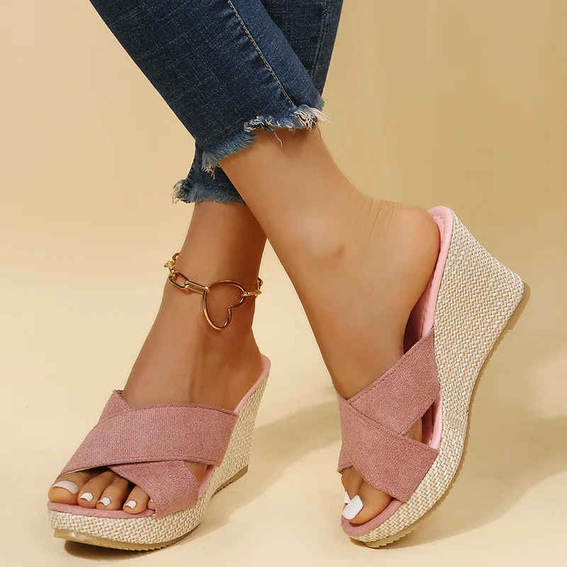 

New Roman Sandals Summer Women's Retro Fashion Thick Bottom Wedge Cross Open Toe High Heel Slippers