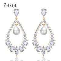 zakol luxury hollow marquise cut zirconia drop earrings for women wedding fashion imitation pearl jewelry accessories ep2245