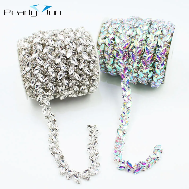 

1 Yard Size 18mm Marquise AB Color Glass Crystal Rhinestone Chain DIY Trim Shoes and Caps Decoration Wedding Accessories ML108