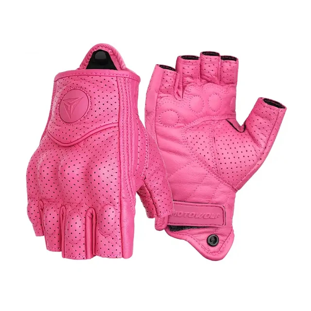 Summer Half Finger Short Gloves Leather Motorcycle Gloves Women Girl Female Breathable Vintage Pink Yellow Guantes Gants Luvas 1