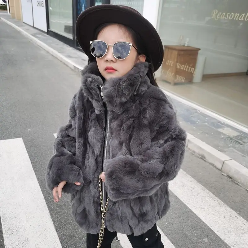 

Детское пальто из меха кролика рекс на молнии, свободная детская одежда для мальчиков и девочек, зимнее теплое пальто с меховым капюшоном для детей