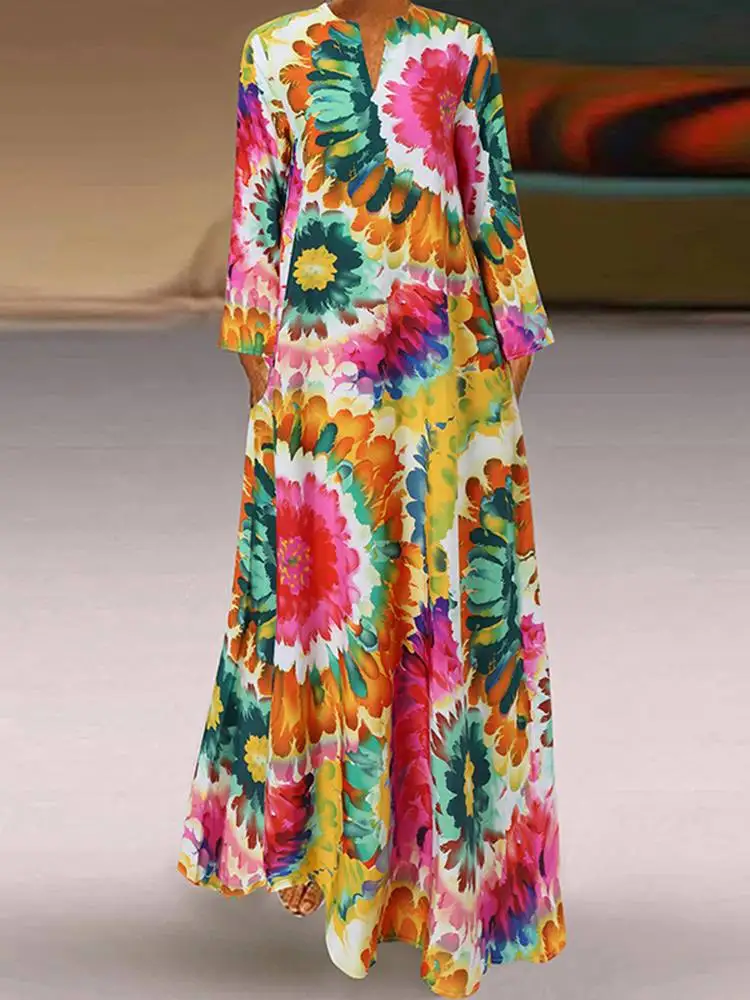 

ZANZEA Women V Neck Printed Long Dress Spring Bohemian Sundress Holiday Floral Vestidos Casual Long Sleeve Robe Femme Kaftan