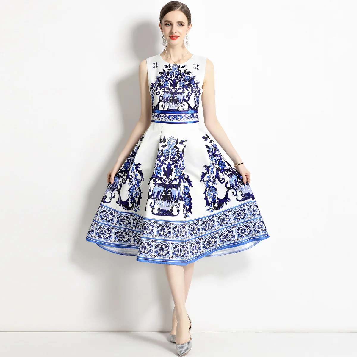 

Summer Dress Women 2023 New Fashion Blue and white porcelain Print Runway Elegant Mid-lenght Party Prom Dresses Women