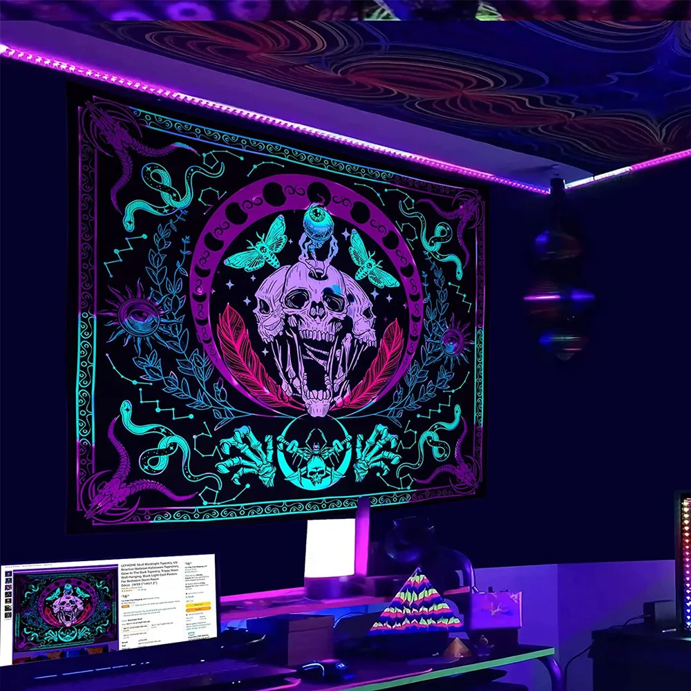 

Гобелен в стиле хиппи с рисунком черепа, черного света, гобелен в стиле Хэллоуин, настенный неоновый декоративный неоновый эстетический ком...