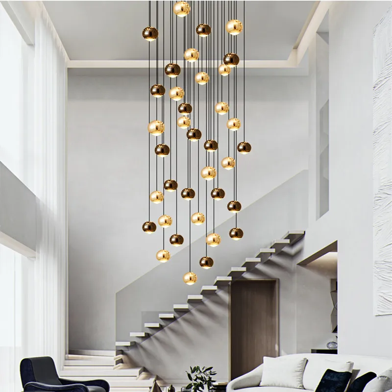 Modern lüks LED merdiven avize dubleks döner merdiven yaratıcı yuvarlak top kolye ışıkları yemek oturma odası lamba armatürleri