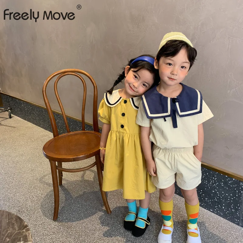 

Freely Move Brother and Sister Kids 2022 Summer Boys Naval Collar Shorts Suit Girls Patchwork Dress Pure Cotton Lapel Clothes