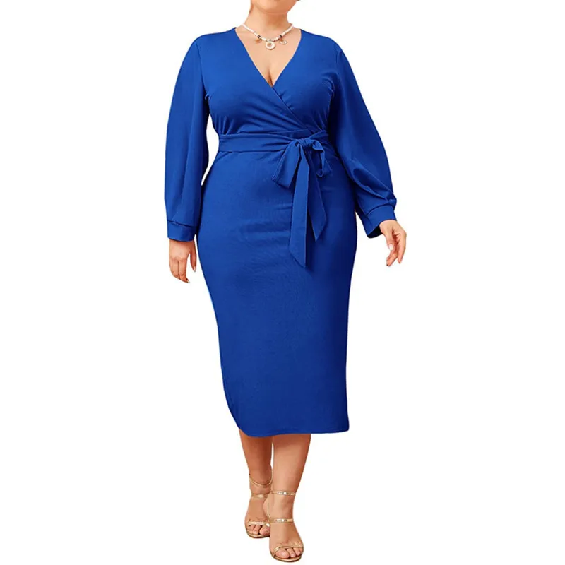 Plus Size Dresses Evening Party Dresses for Women Dresses Plus Sizes Deals Solid V-Neck Lace Up Mid-Calf Long Sleeve Sheath Slim
