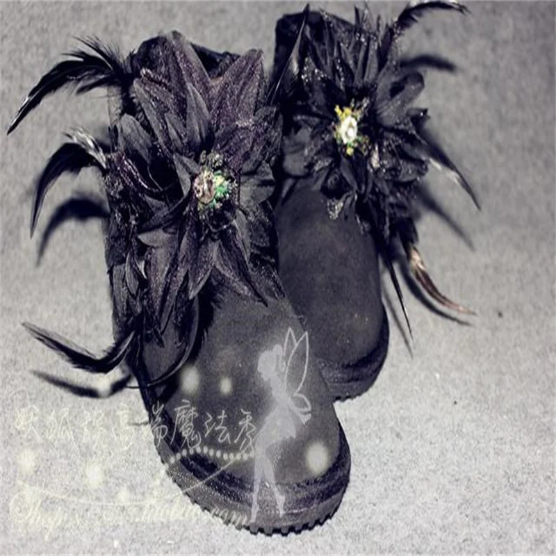

Warm short boots handmade custom feather big flower black short tube fur all-in-one cowhide snow boots 35-40