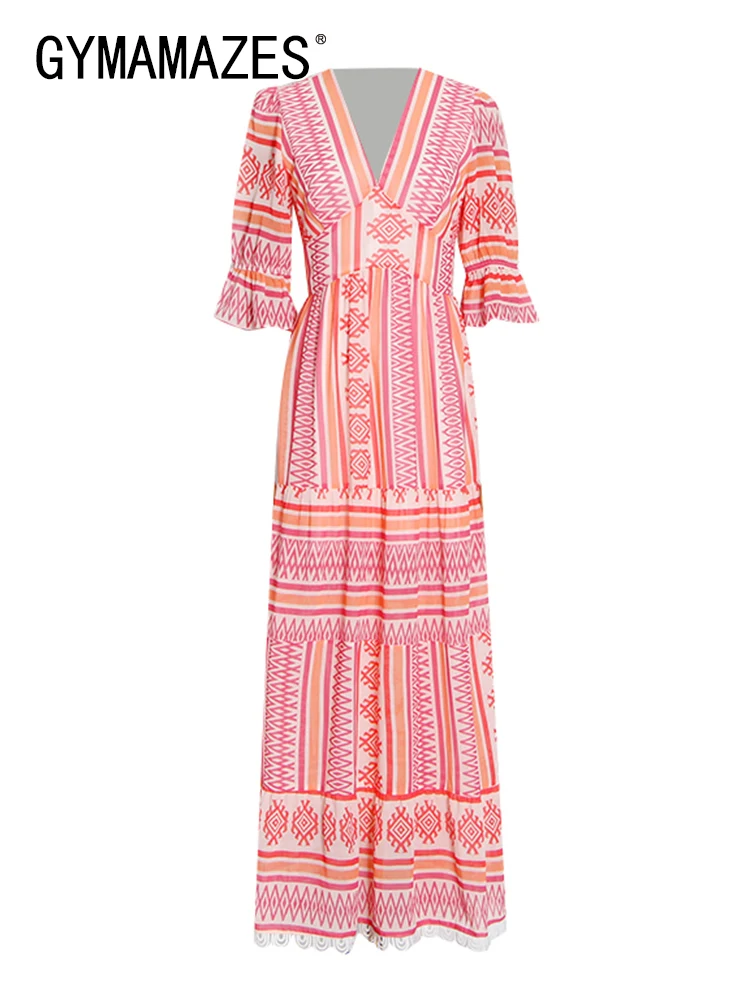 

GYMAMAZES Casual Colorblock Print Long Dress For Female V Neck Half Sleeve Gathered Waist Fashion Maxi Dresses Women 2022 Style