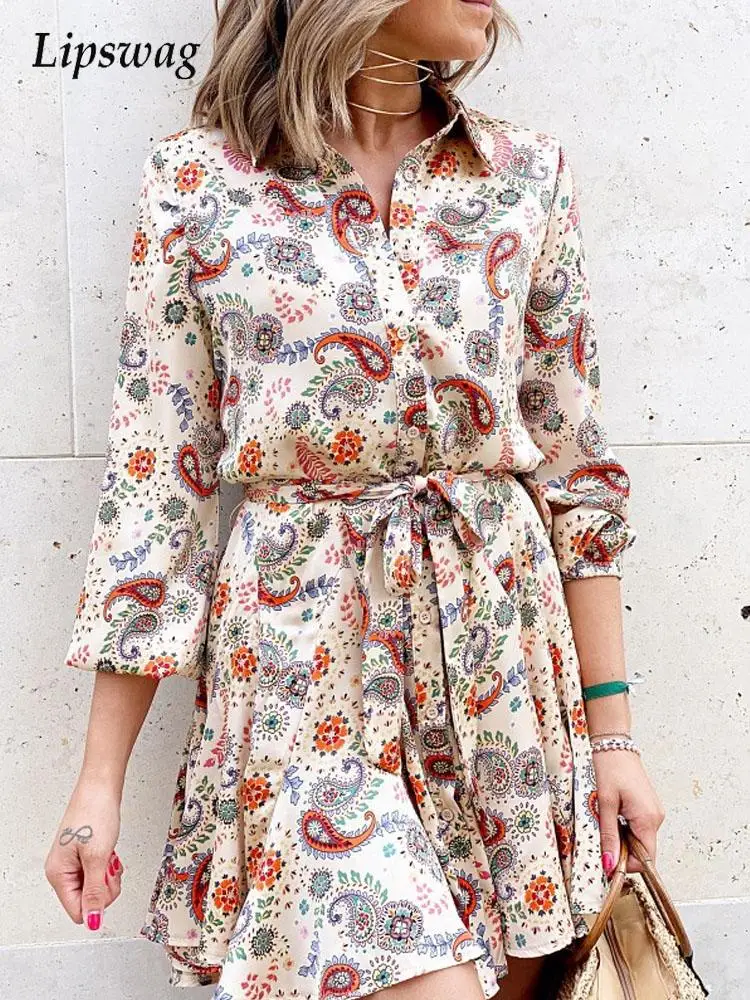 

Повседневное женское платье-рубашка с отложным воротником, весна 2022, Элегантные мини-платья на шнуровке с длинным рукавом, женское вечернее...