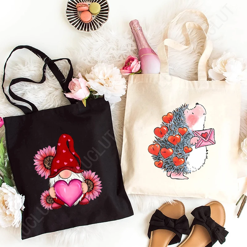 Leopard Love Heart Cartoon Handbag Women Casual Canvas Portable Shoulder Bag Valentine's Day Shopping Reusable Tote