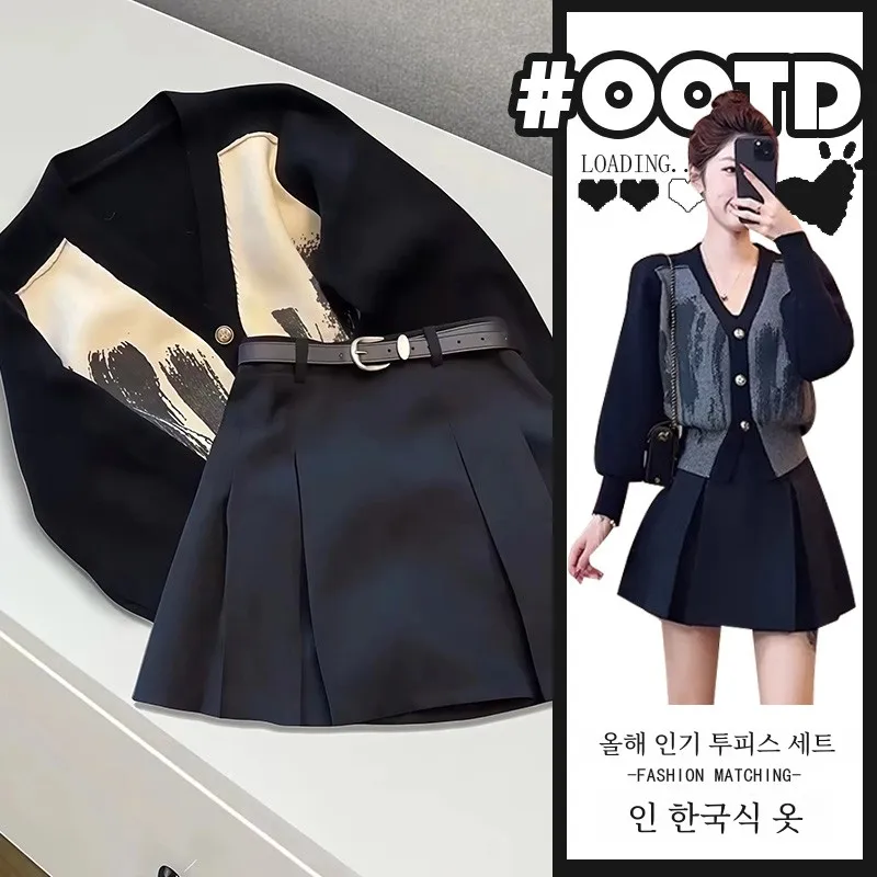 Плюс размер осенне-зимний комплект женский полный новинка 2024 вязаный топ с