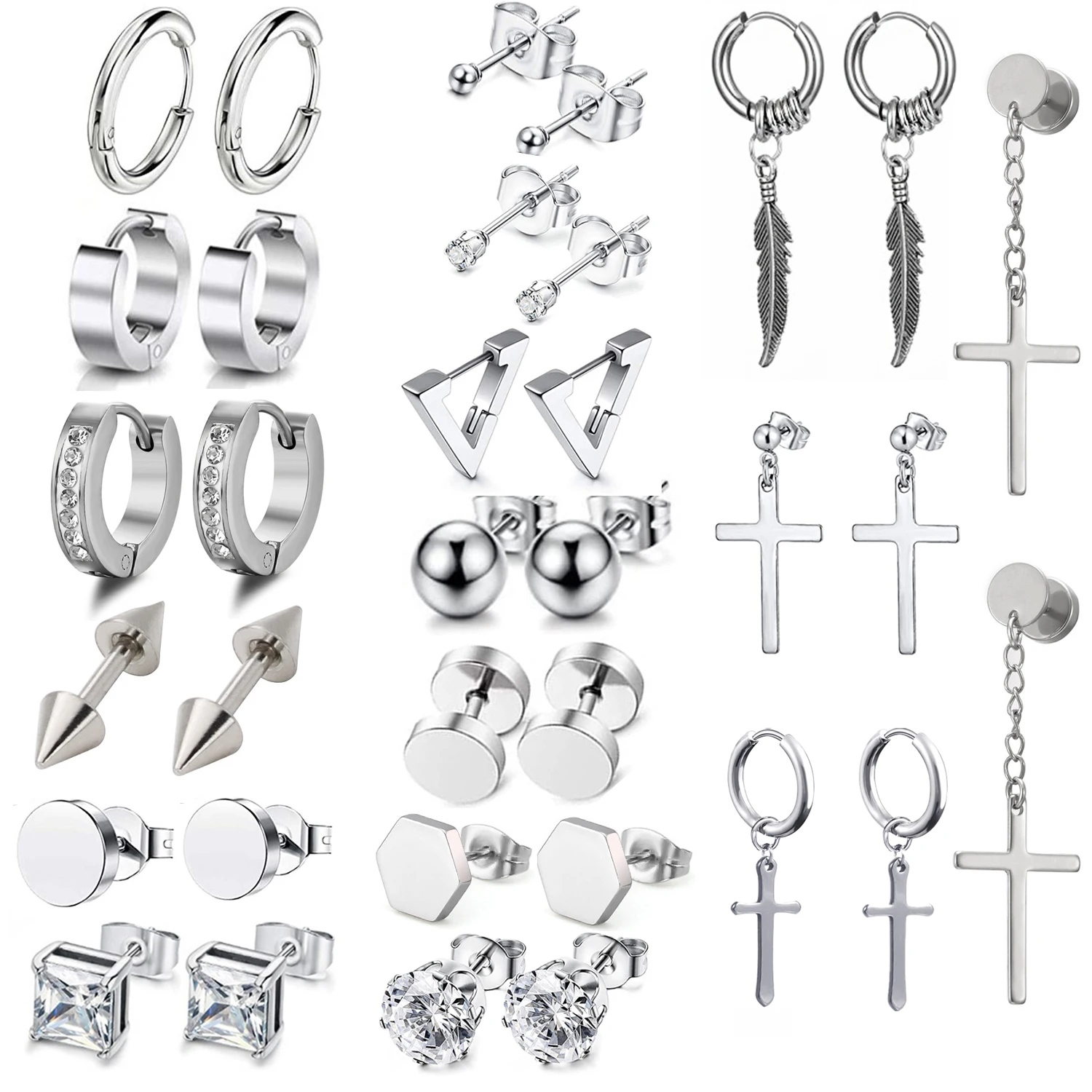 

1 Pair Silver Stud Earrings Mens Earrings Stainless Steel Silver Earrings for Men Women Jewelry Piercing Hoop Earrings Set