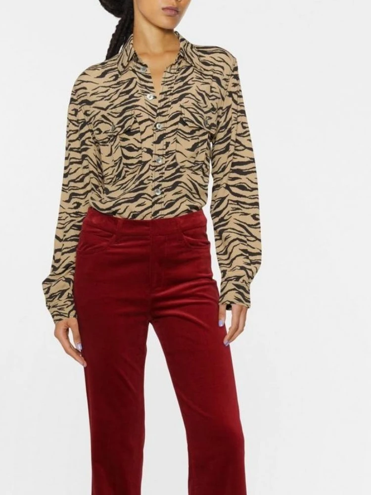 2022 Autumn Winter New Zadi Turn-down Collar Tiger Stripes Double Pockets Women Loose Blouse Shirt