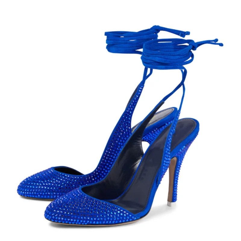 

Новинка 2023, женские сандалии на высоком каблуке, брендовые модельные черные и синие туфли на высоком каблуке с кристаллами, большие размеры