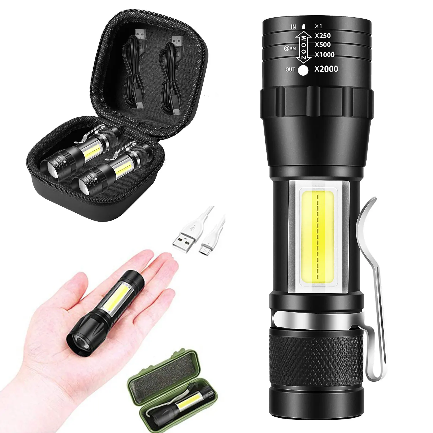 LED+COB Type-C Rechargeable Compact Telescopic Zoom Tactical Flashlight 3 Mode With Clip Outdoor Emergency ABS Torch Waterproot