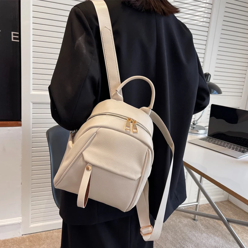 

Women's Casual Backpack Pu Leather High Quality Backpack Large Capacity Solid Color School Bag Waterproof Female Travel Rucksack