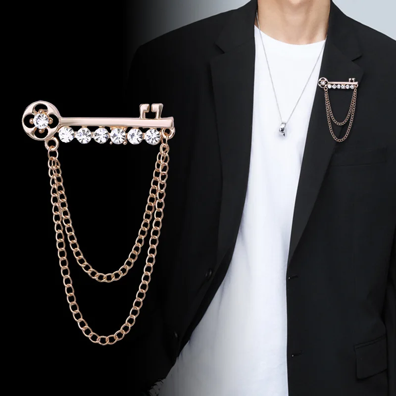 

Korean Fashion Key Tassel Chain Brooches Pin Rhinestone Crystal Lapel Pins for Women and Men Suit Shirt Badge Jewelry Gifts