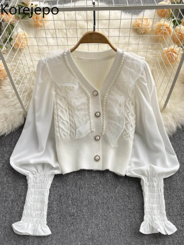 

Korejepo Sweet Ruffled Cardigan Women Autumn Winter Lantern Sleeve Knitted Sweater Top 2022 Office Lady V Neck Loose Sweaters