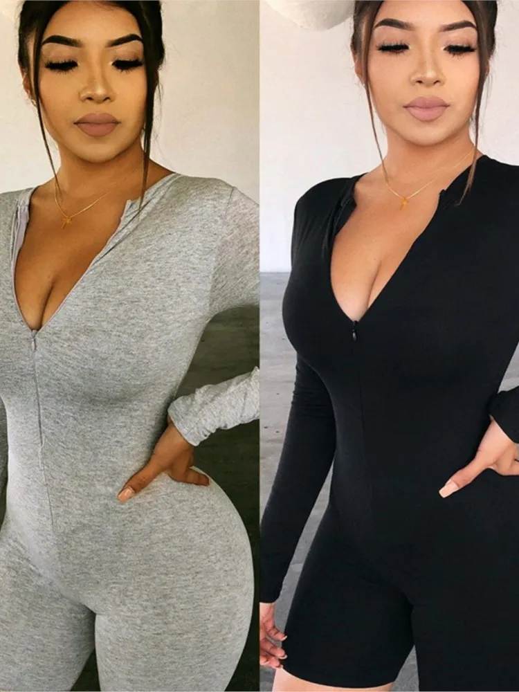 

Black Long Sleeve Sexy Zip Up Skinny Romper Woman Clothes Bodysuit Female Jumpsuit Spring Autumn Playsuit Overalls Shorts