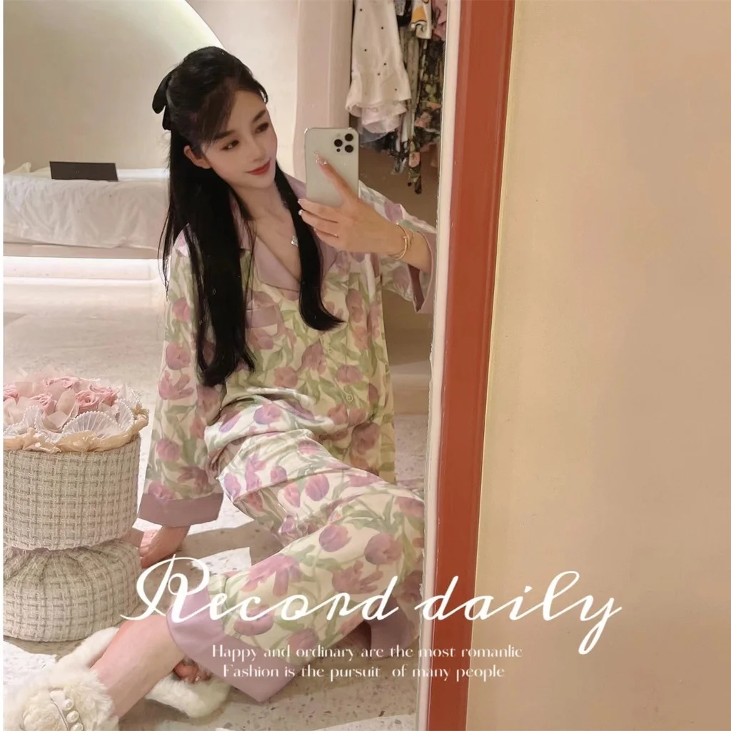 Lisacmvpnel Tulip Print Sweet Romantic Women Pajama Set Autumn Pajamas Ice Silk Long Sleeve Home Wear Pajamas