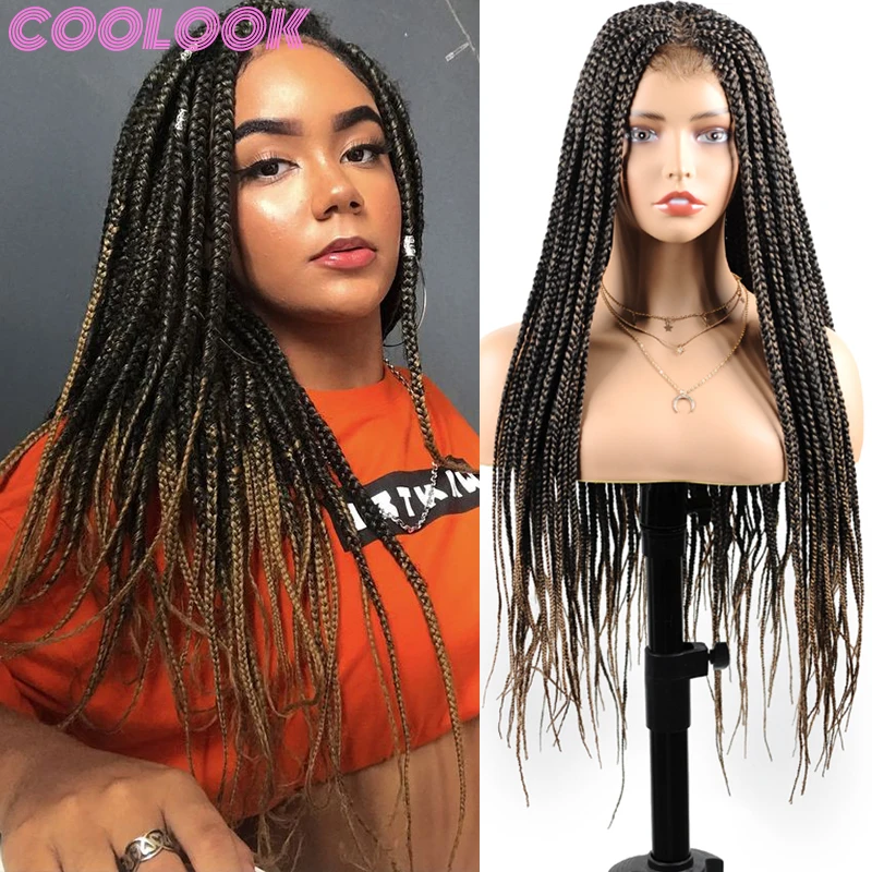 30 Inch Long Synthetic Braided Lace Front Wig Ombre Brown Box Braids Wigs for Black Women African American Wine Red Wig Cosplays