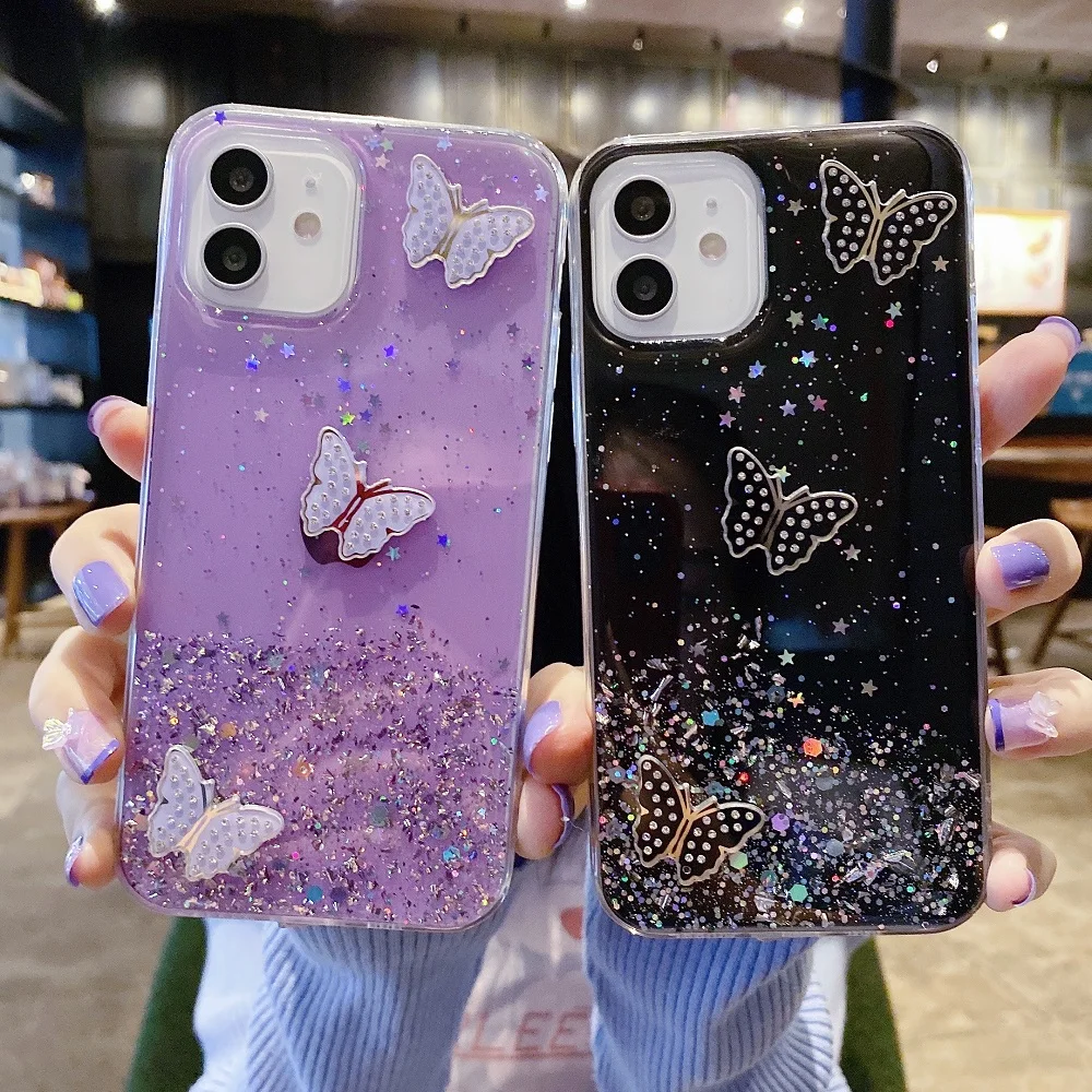 

Butterfly Glitter Case for iPhone 11 13 12 Pro Max 7 8 6S 6 Plus XR XS Max X 12 13 Mini SE 2020 Case Translucent Silicone Cover