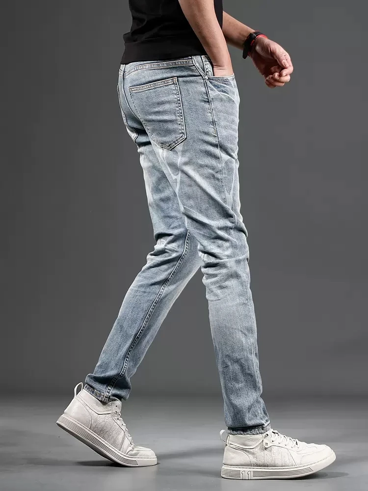 Casual Light Blue Men's Jeans Summer Fashion Printed Slim Fit Straight Denim Pants CP2270
