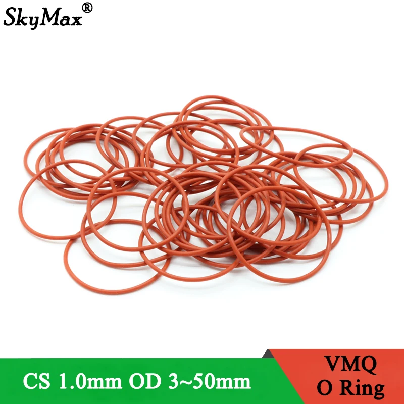 50Pcs VMQ O Ring Seal Gasket Thickness CS 1mm OD 3 ~ 50mm Silicone Rubber Insulated Waterproof Washer Round Shape Nontoxi Red