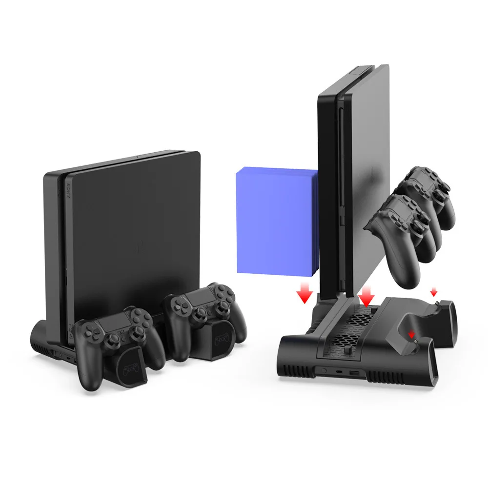 PS4 Slim Pro Multifunctional Cooling Fan Stand with Disc Storage Bracket Dual Charging Dock