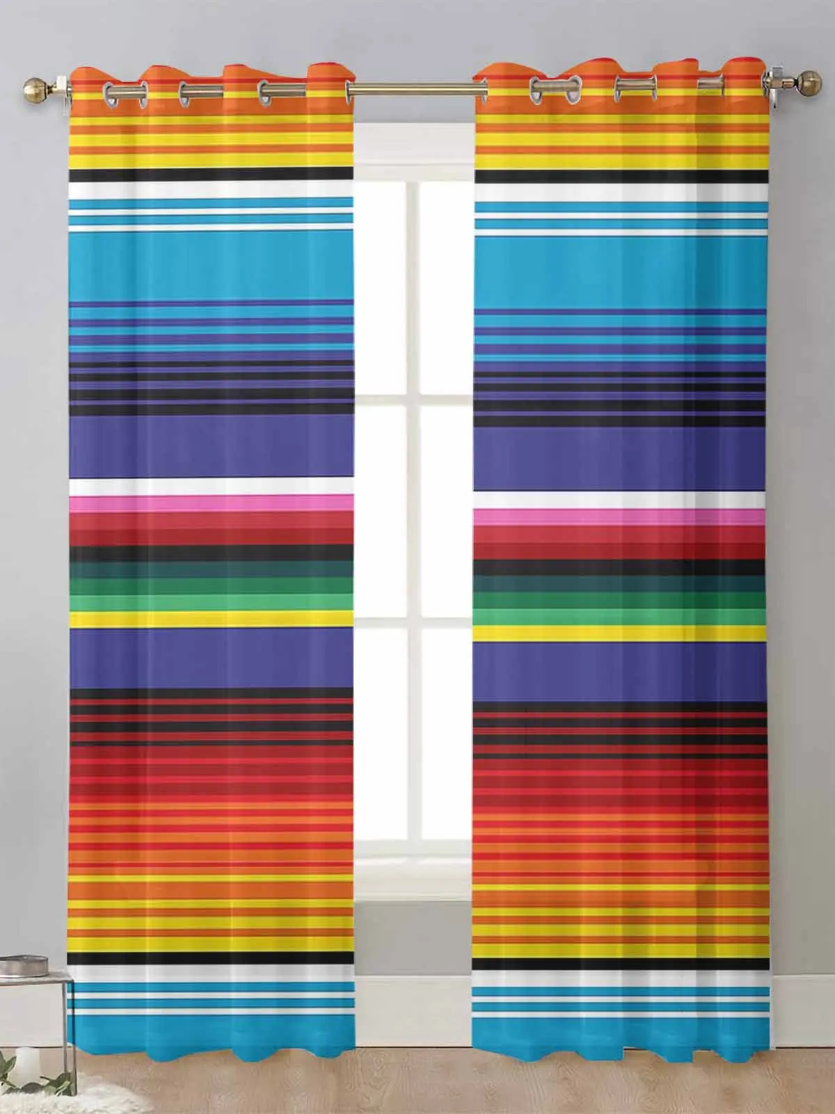 

Colorful Mexican Stripes Sheer Curtains For Living Room Window Transparent Voile Tulle Curtain Cortinas Drapes Home Decor