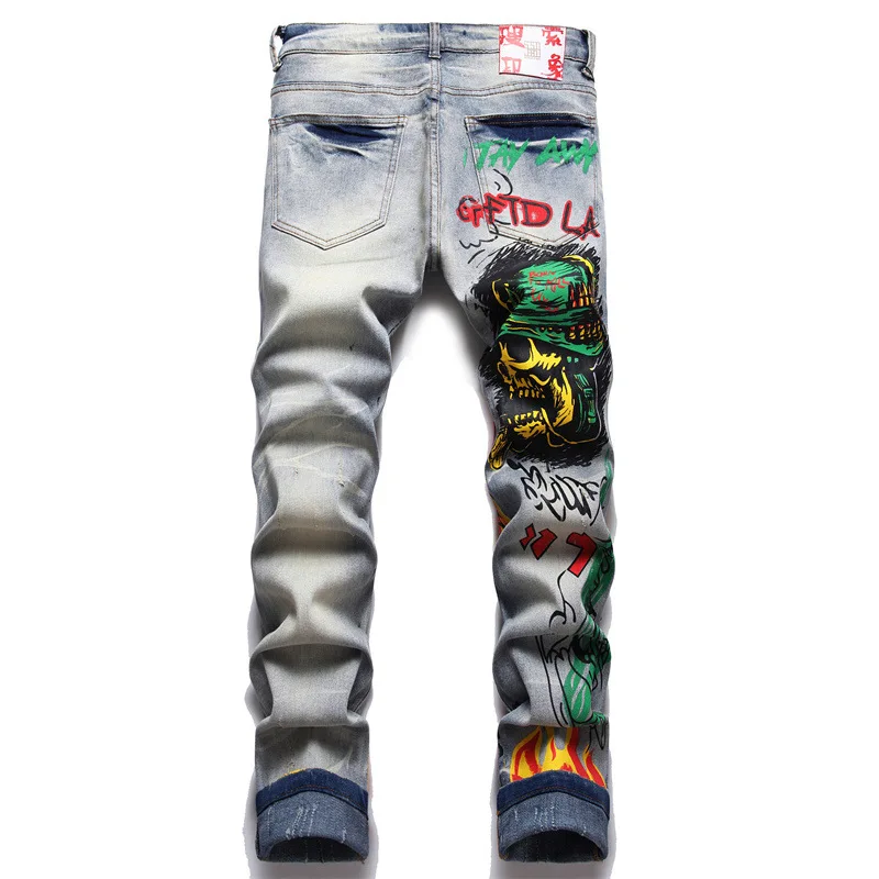 New Denim Mens Pants Punk Trend Retro Blue Broken Hole Slimming Stretch Printing and Dyeing Mens Jeans