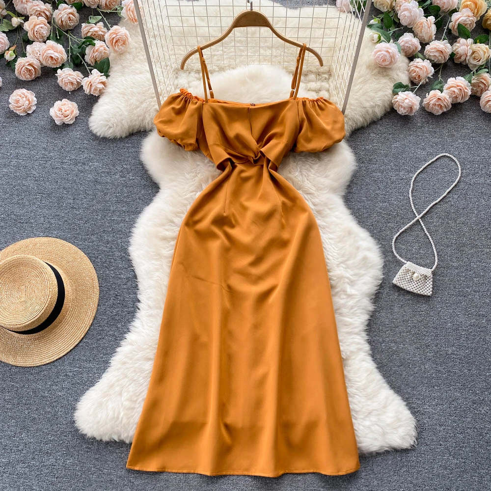 

Feminine Off Shoulder Summer New Fashion Slash Neck Short Sleeve High Waist Thin Dress Solid Color Sexy Clothes Vestidos G631