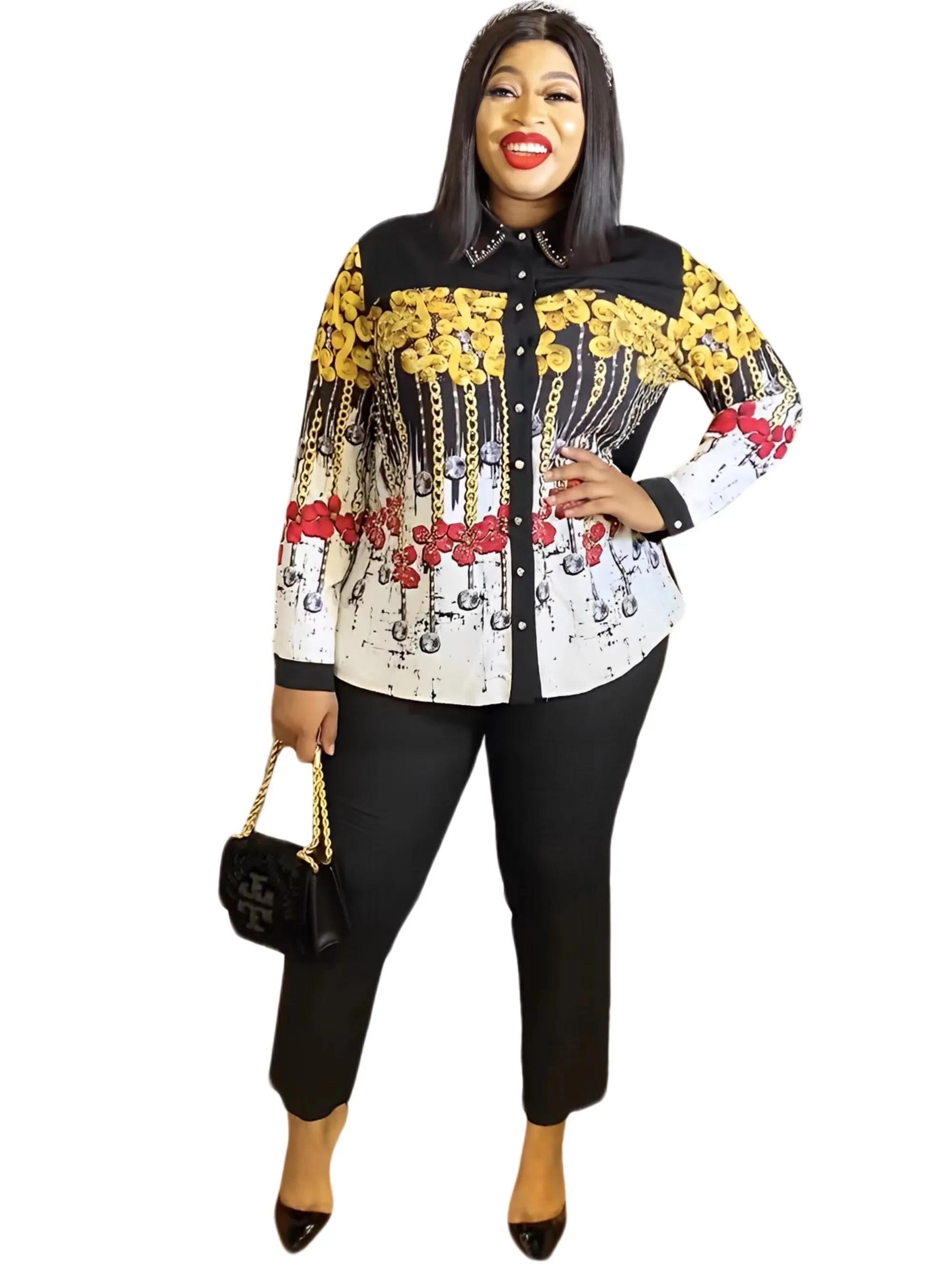 High Quantity 2-piece Shirt and Pants with Diamond Printed African Fashion Dashiki  Turkey Women's Party Suit