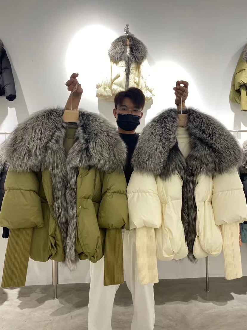 2022 winter Real fox fur collar White duck down padded down jacket Regular fashion warm big fur collar women's coat