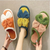 2022 womens fluffy fur slippers big smile floor slippers short plush fleece flats colorblock bow ladies indoor slippers