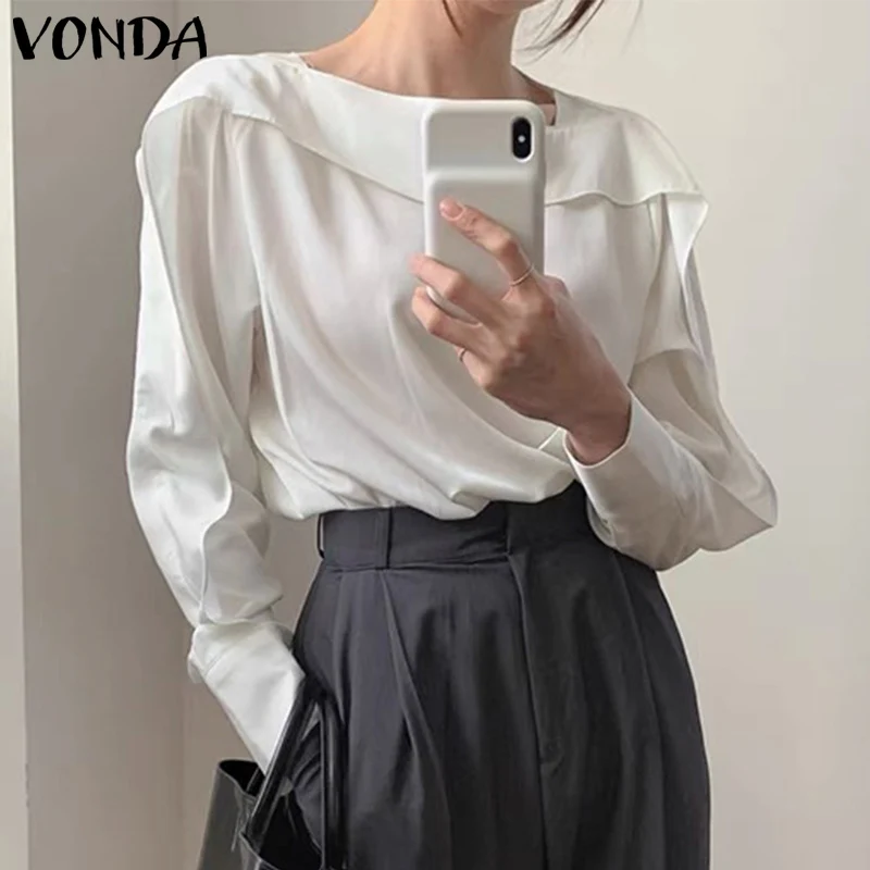 

2022 повседневные женские рубашки VONDA, винтажная однотонная блузка с длинным рукавом и круглым вырезом, сексуальные рубашки с оборками, офисн...