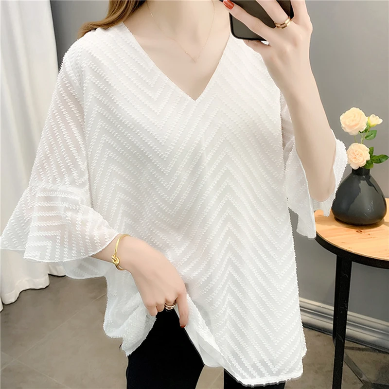 

2022 Verano Women Tops V-Neck White Chiffon Blouse Shirt Short Sleeve Blouse Women Blouses Femme Top New