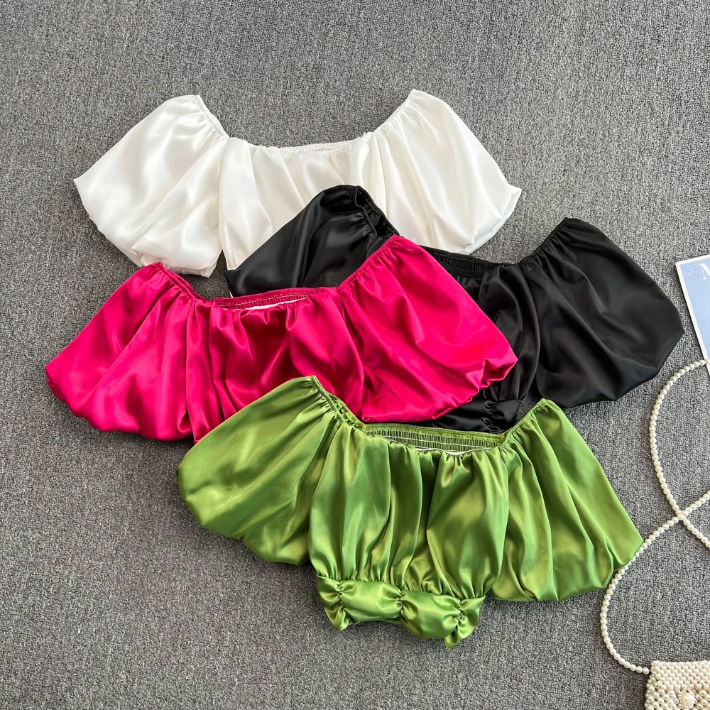 

Летняя модная плиссированная атласная рубашка с квадратным воротником и рукавами-фонариками женский шикарный короткий топ в иностранном стиле с открытым пупком для женщин