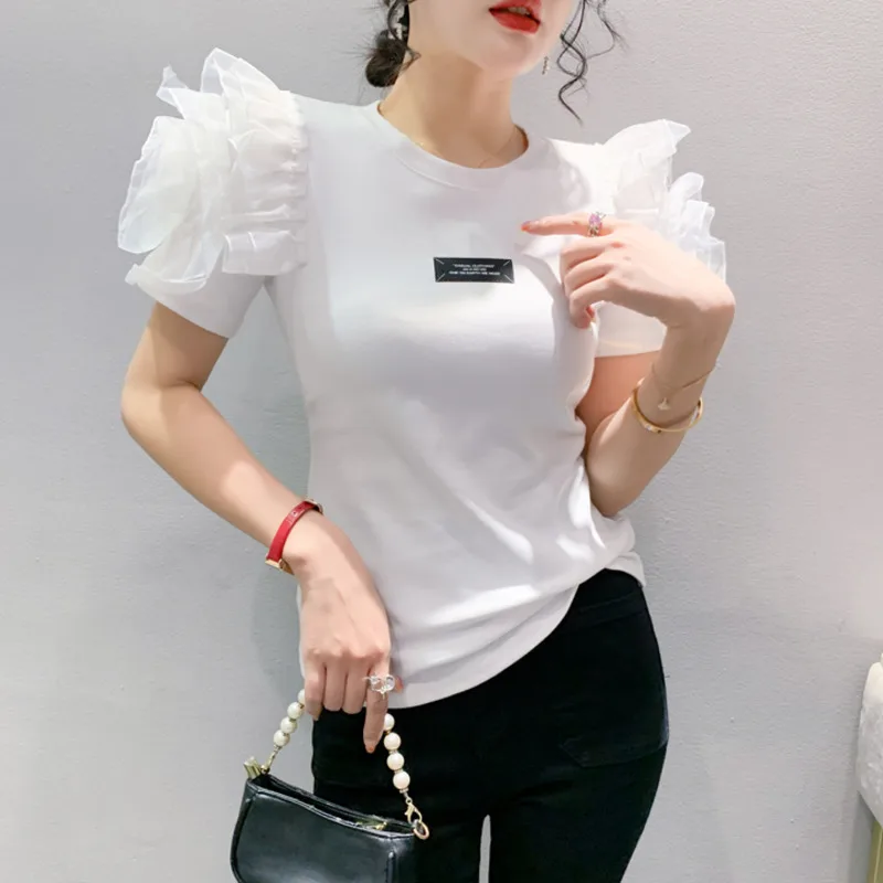 #5440 летняя черно-белая короткая футболка Женская эластичная хлопковая Футболка с