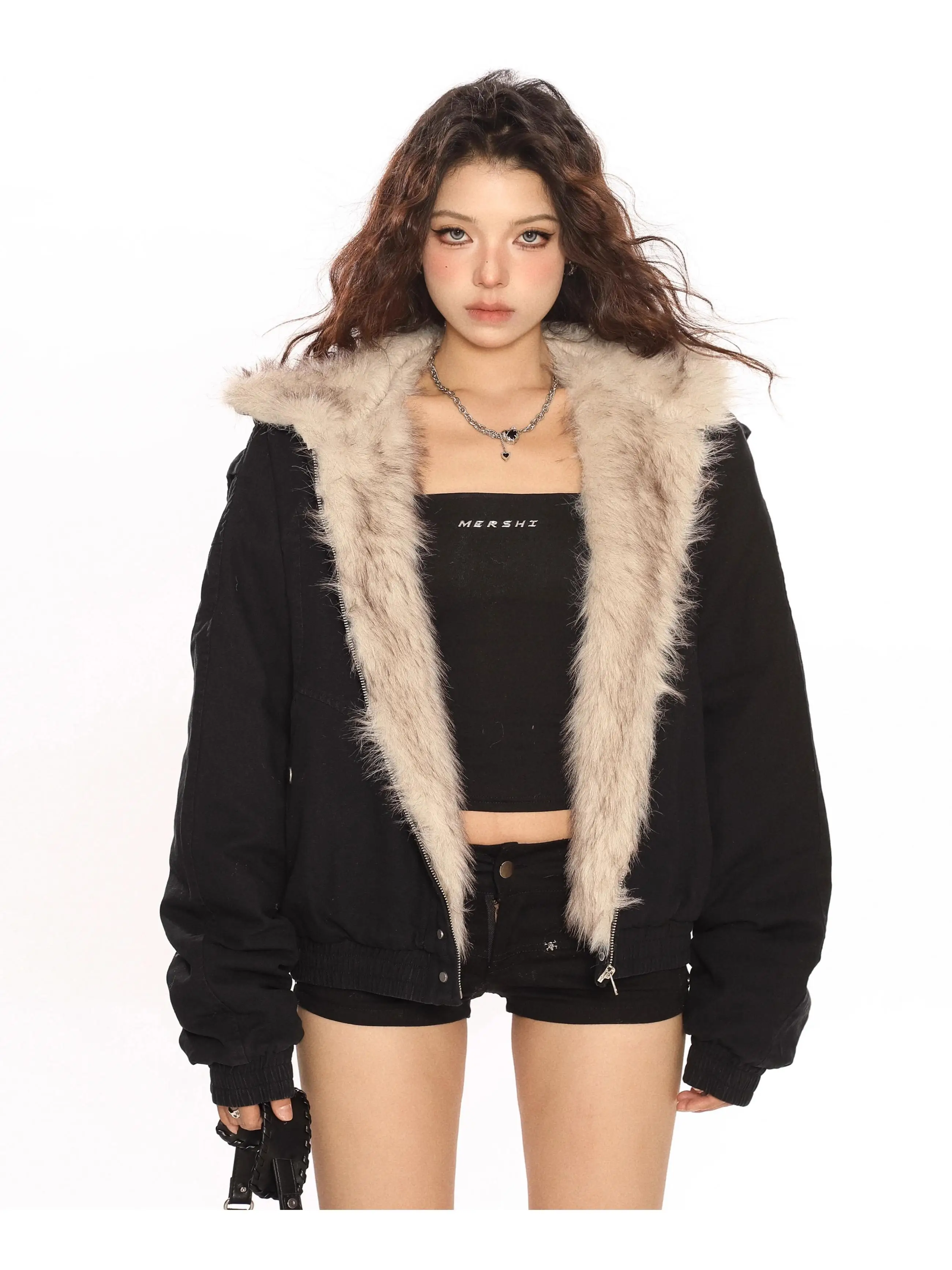 American Sle Cargo Hood Fur Collar Mountain Carving Cotton-padded jacket Outerwear Women Winter National Fashion Thickened ...